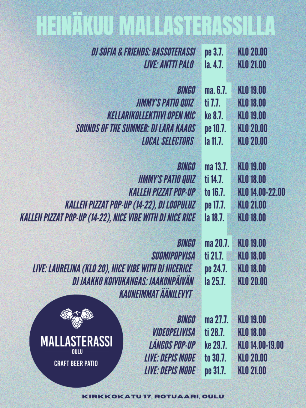 Mallasterassi Oulu Heinäkuun tapahtumakalenteri
